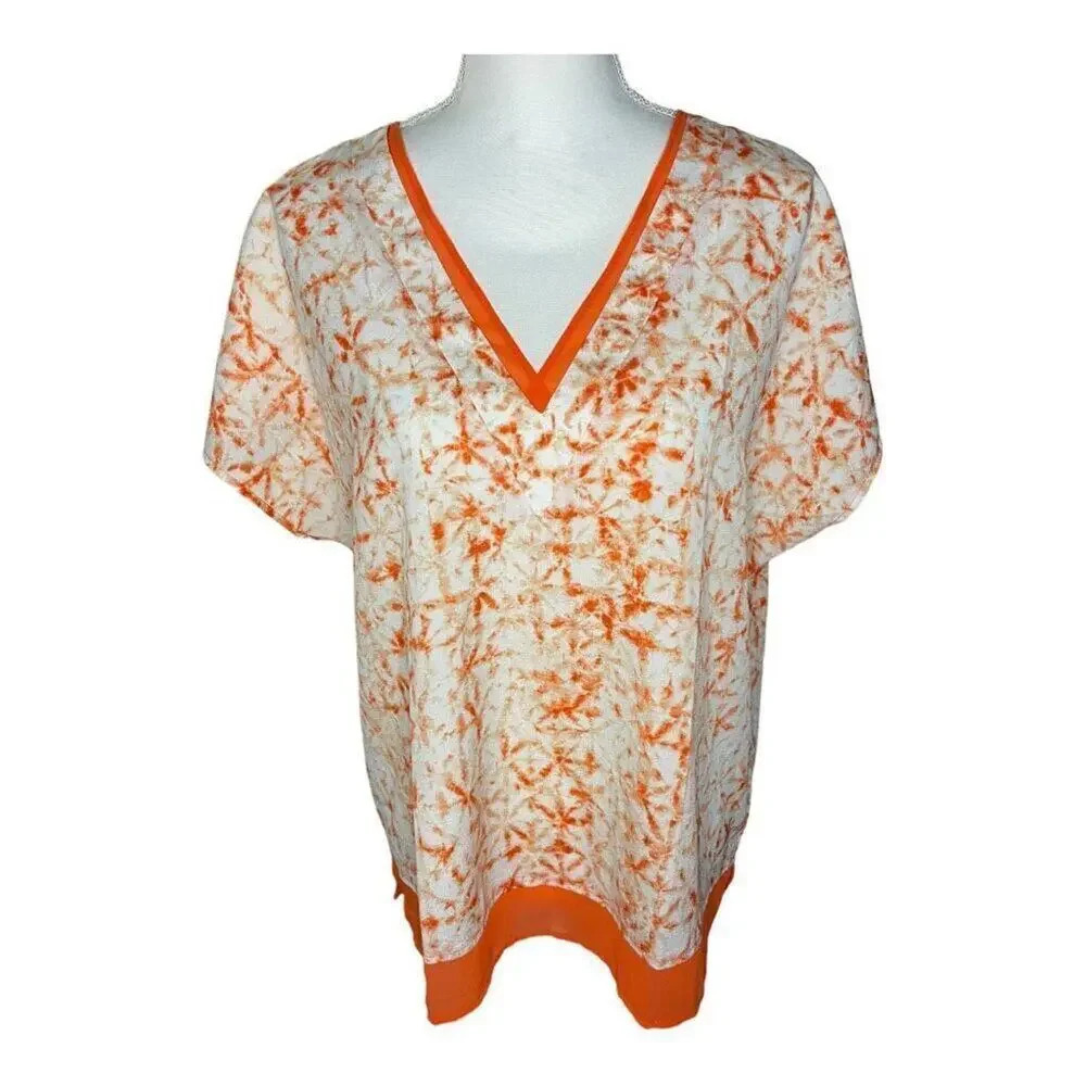 DKNY Women’s Large Orange & White Silky V-Neck Blouse‎ NEW NWT